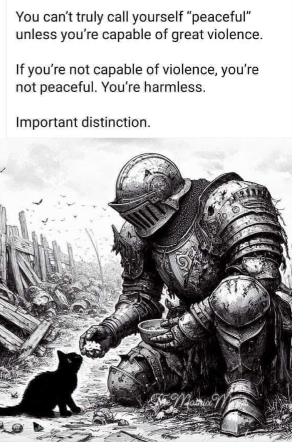 peaceful vs harmless - You can't truly call yourself "peaceful" unless you're capable of great violence. If you're not capable of violence, you're not peaceful. You're harmless. Important distinction. Mathis M